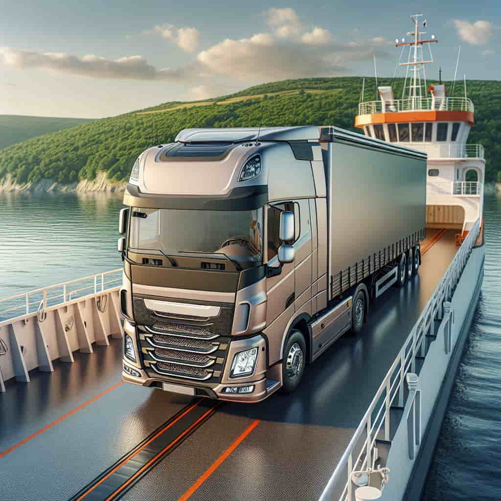 Bild eines LKW, der auf eine Fähre fährt.